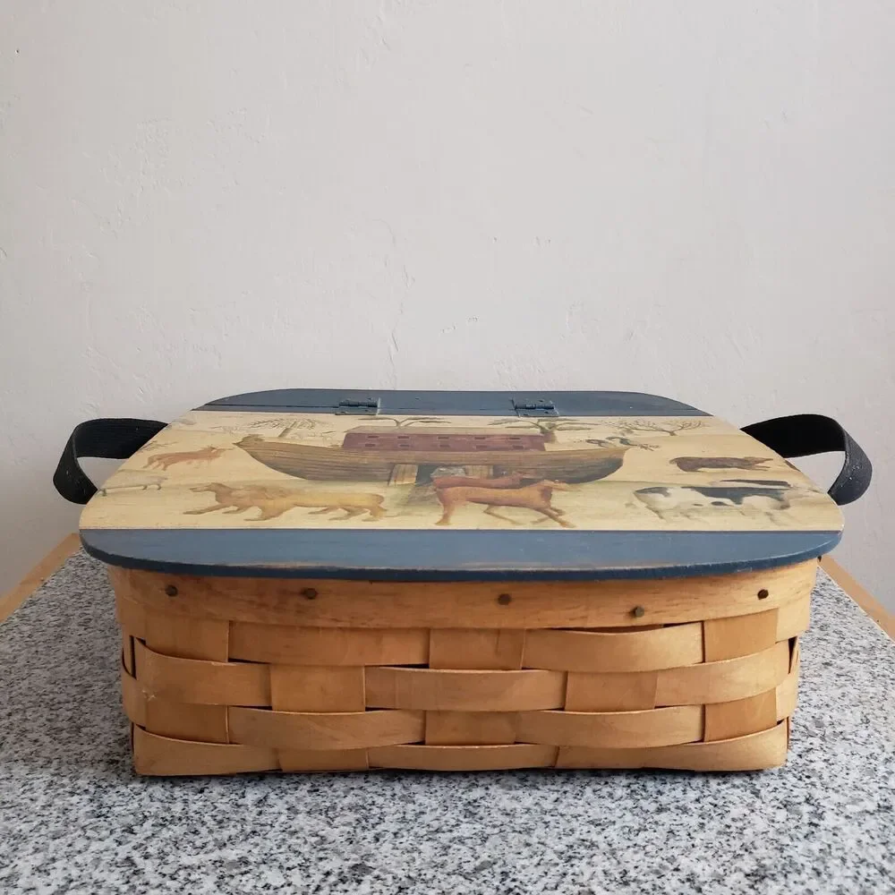 VTG Woven Wood Decoupage‎ Noah's Ark Lid w/Handles Hinge Top Home Décor Basket